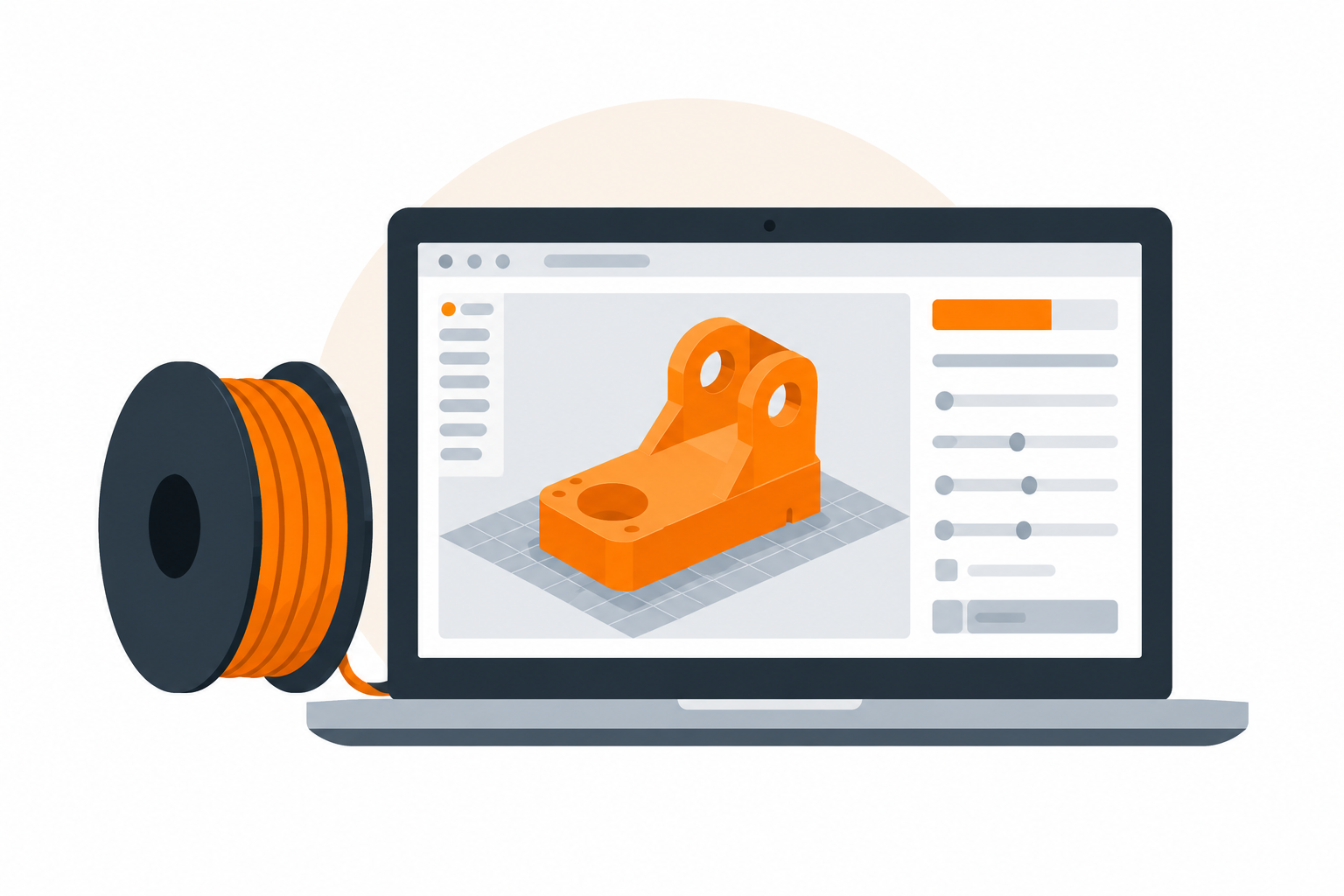 Illustration de la préparation d’une impression 3D : logiciel de slicing et bobine